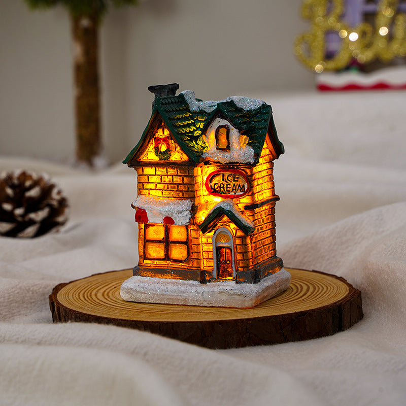 Christmas Decor Resin Snow House Light-Up Miniature Ornament Gift